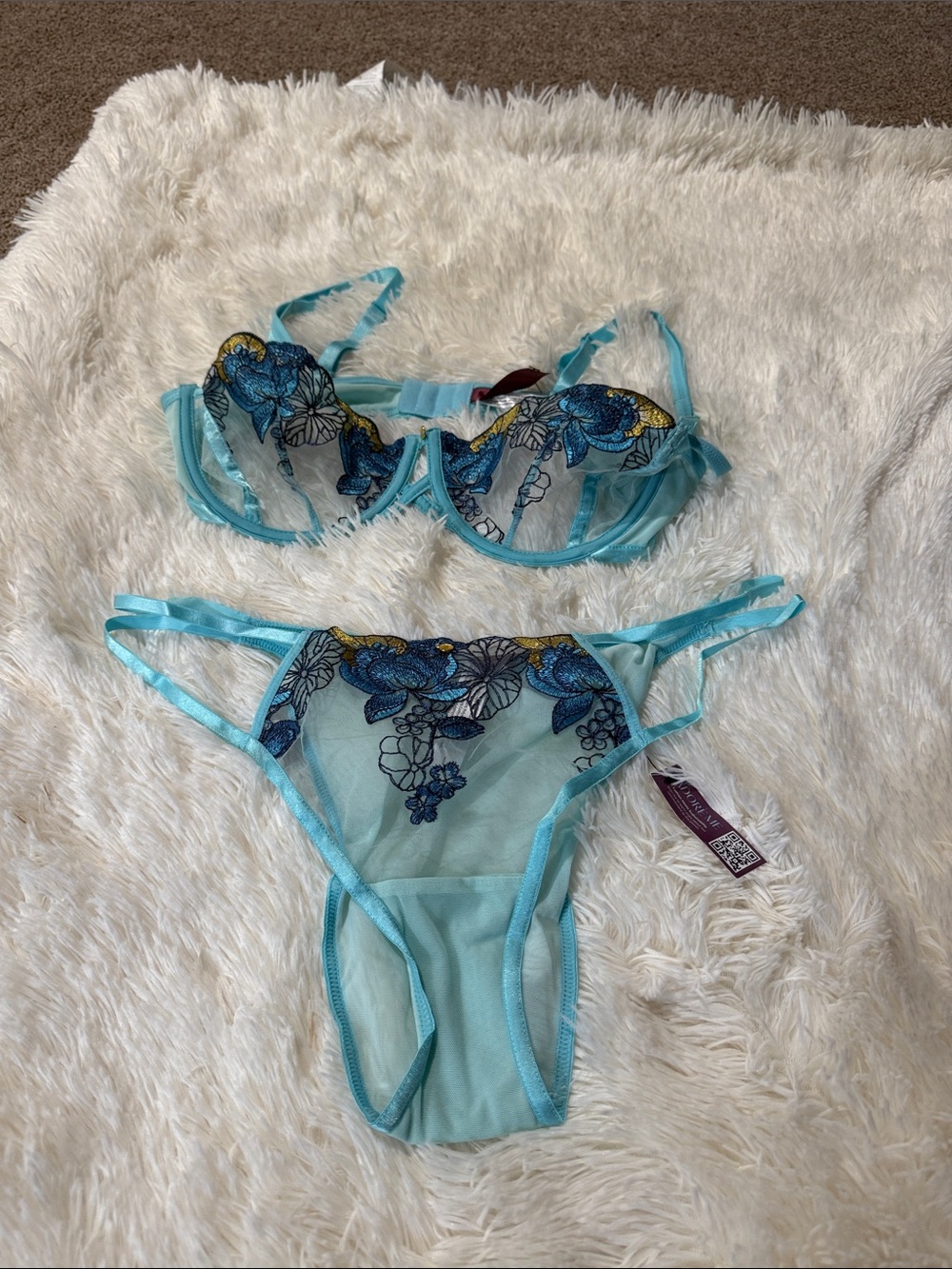 Adore Me Light Blue Sheer Floral Embroidered Bra & Panty Set